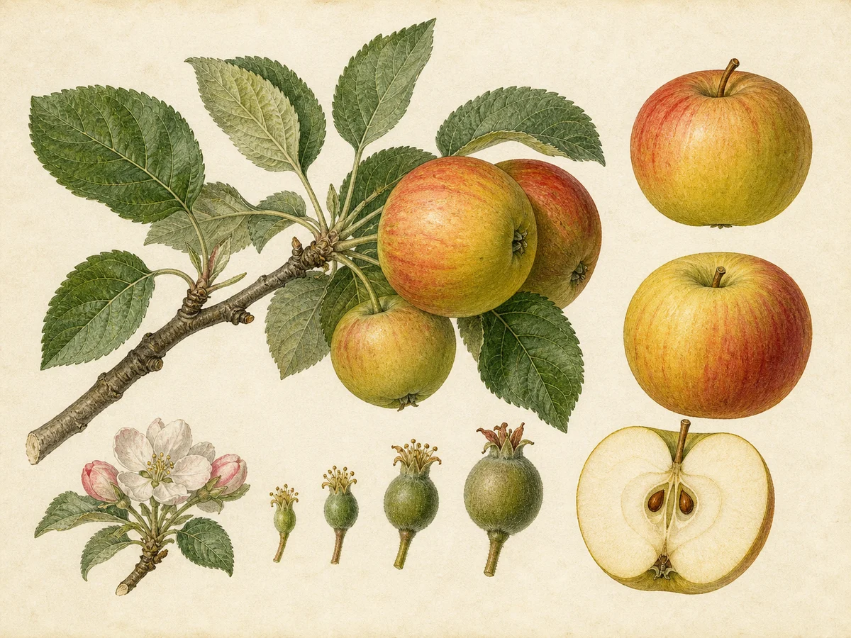 Prancha botânica complementar de Macieira Porta da Loja (Malus domestica 'Porta da Loja') com caracteres de identificação e ciclo de vida