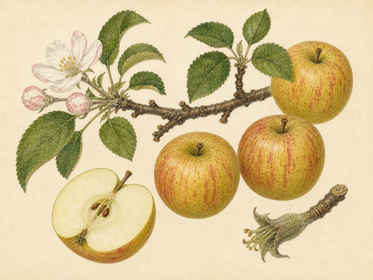 Prancha botânica complementar de Macieira Riscadinha de Palmela (Malus domestica 'Riscadinha de Palmela') com caracteres de identificação e ciclo de vida
