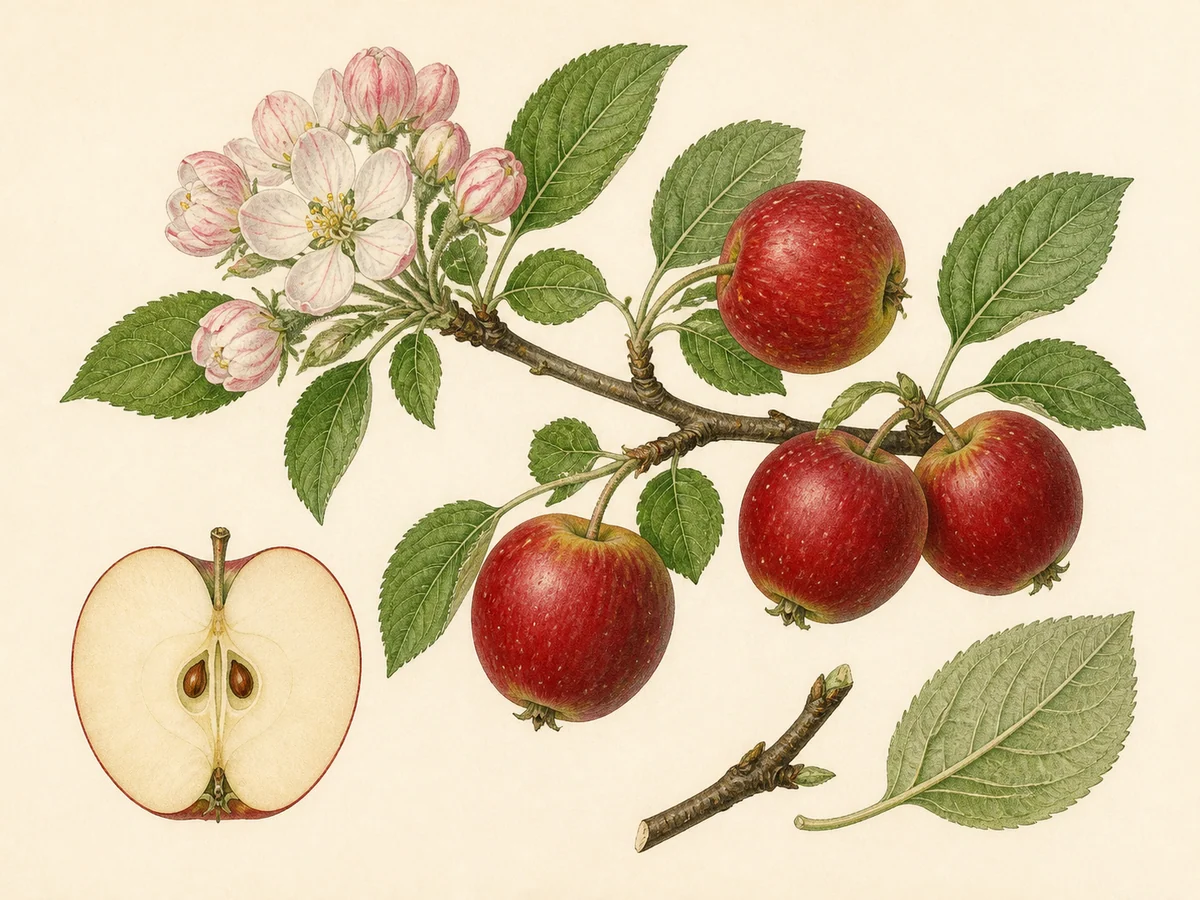 Prancha botânica complementar de Macieira Vermelhinha de Monchique (Malus domestica 'Vermelhinha de Monchique') com caracteres de identificação e ciclo de vida