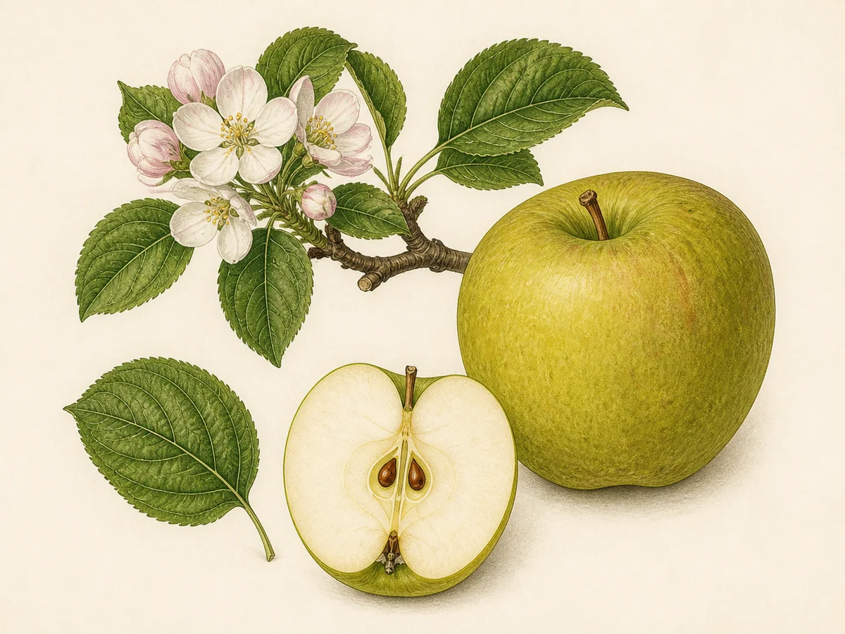 Prancha botânica complementar de Macieira ‘Aristides’ (Malus domestica Mill. ‘Aristides’) com caracteres de identificação e ciclo de vida