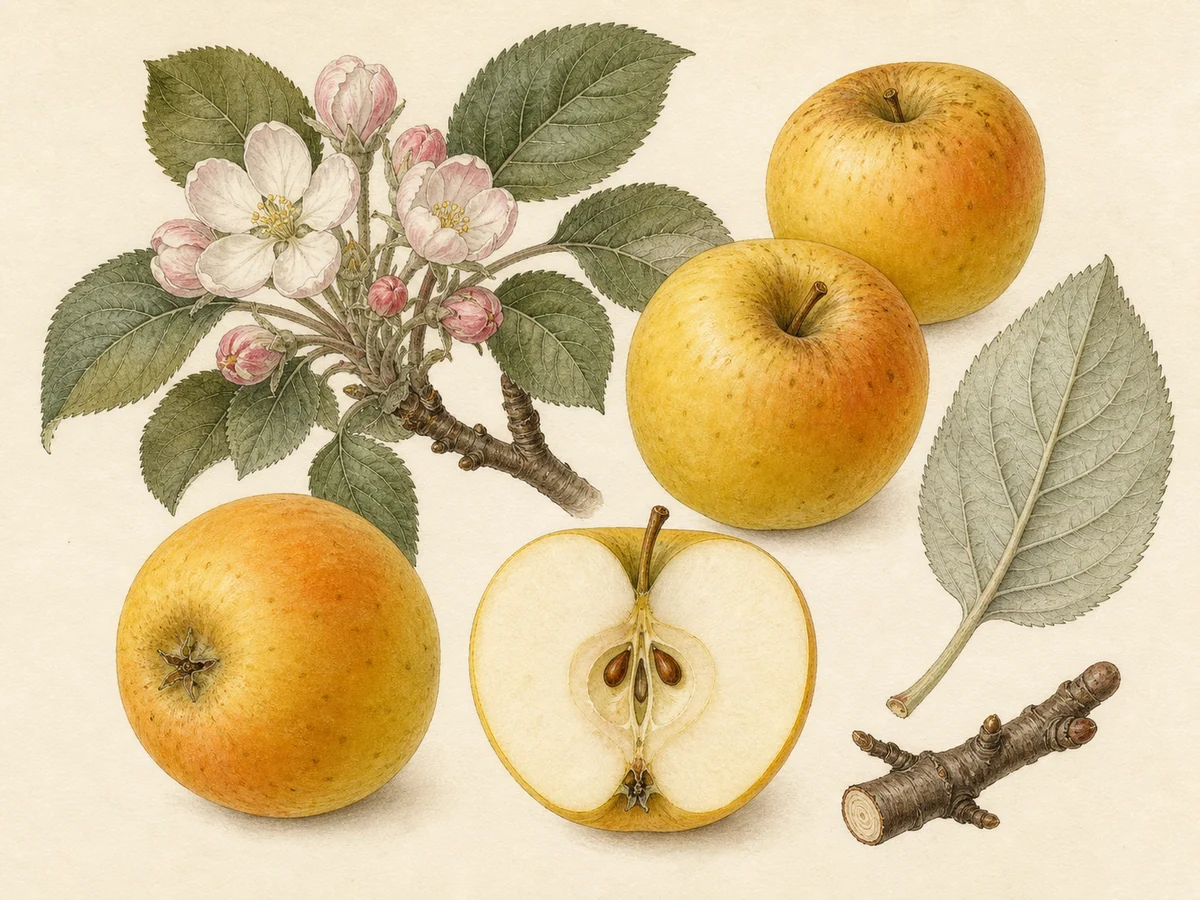 Prancha botânica complementar de Macieira ‘Barral’ (Malus domestica Mill. ‘Barral’) com caracteres de identificação e ciclo de vida