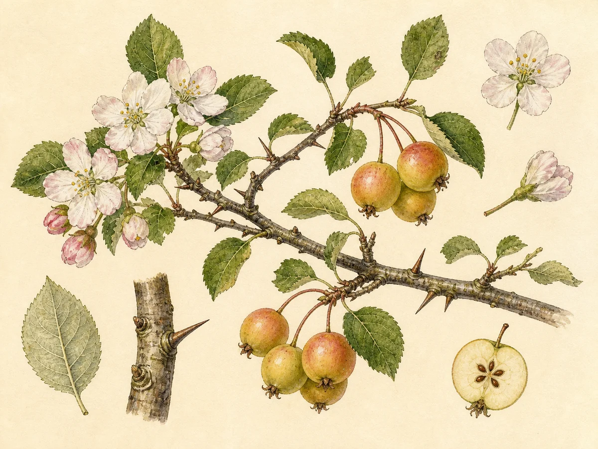 Prancha botânica complementar de Macieira-brava (Malus sylvestris) com caracteres de identificação e ciclo de vida