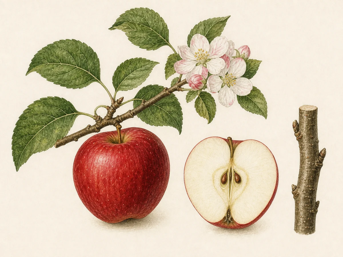 Prancha botânica complementar de Macieira ‘Bravo Esmolfe do Vimeiro’ (Malus domestica Mill. ‘Bravo Esmolfe do Vimeiro’) com caracteres de identificação e ciclo de vida