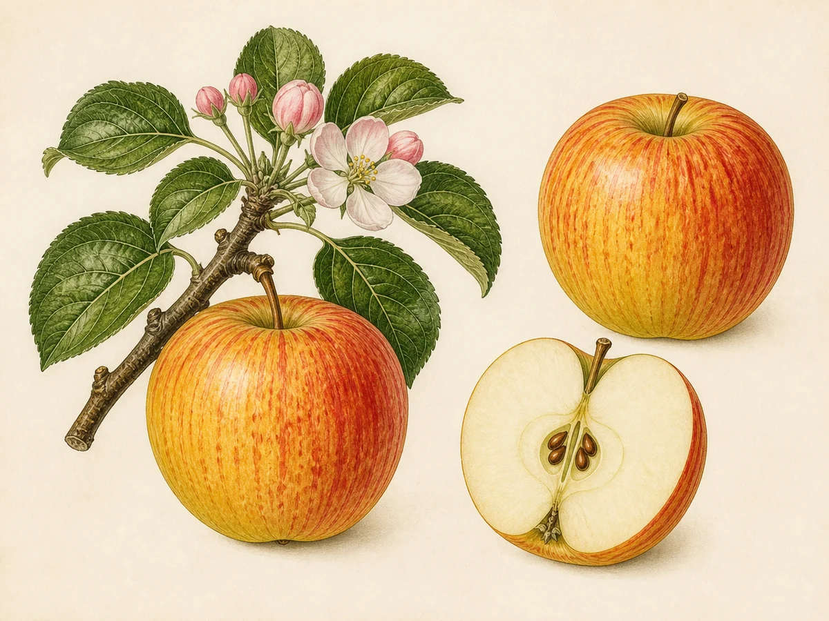 Prancha botânica complementar de Macieira ‘Bravo’ (Malus domestica Mill. ‘Bravo’) com caracteres de identificação e ciclo de vida