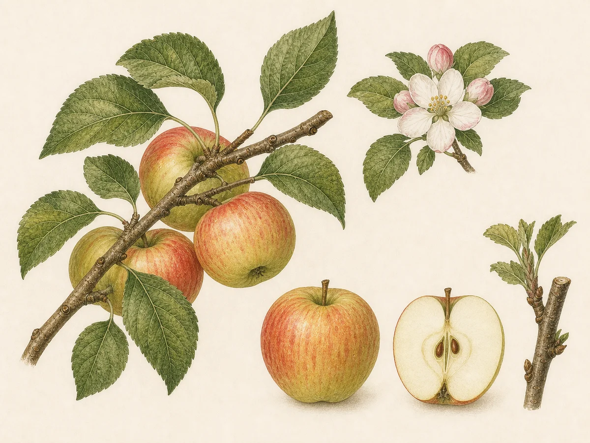 Prancha botânica complementar de Macieira ‘Camoesa Corada’ (Malus domestica Mill. ‘Camoesa Corada’) com caracteres de identificação e ciclo de vida