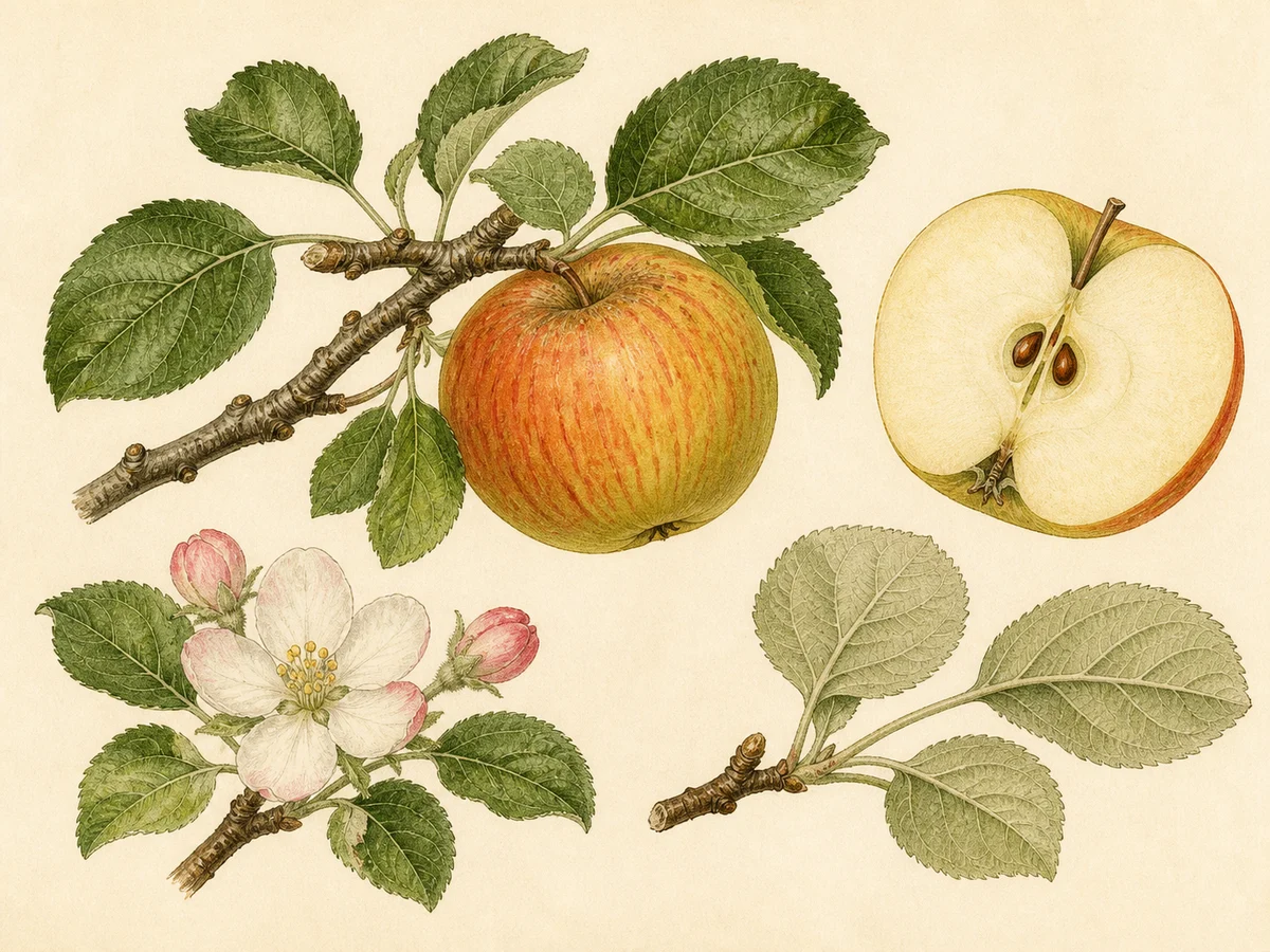 Prancha botânica complementar de Macieira ‘Camoesa da Azoia’ (Malus domestica Mill. ‘Camoesa da Azoia’) com caracteres de identificação e ciclo de vida