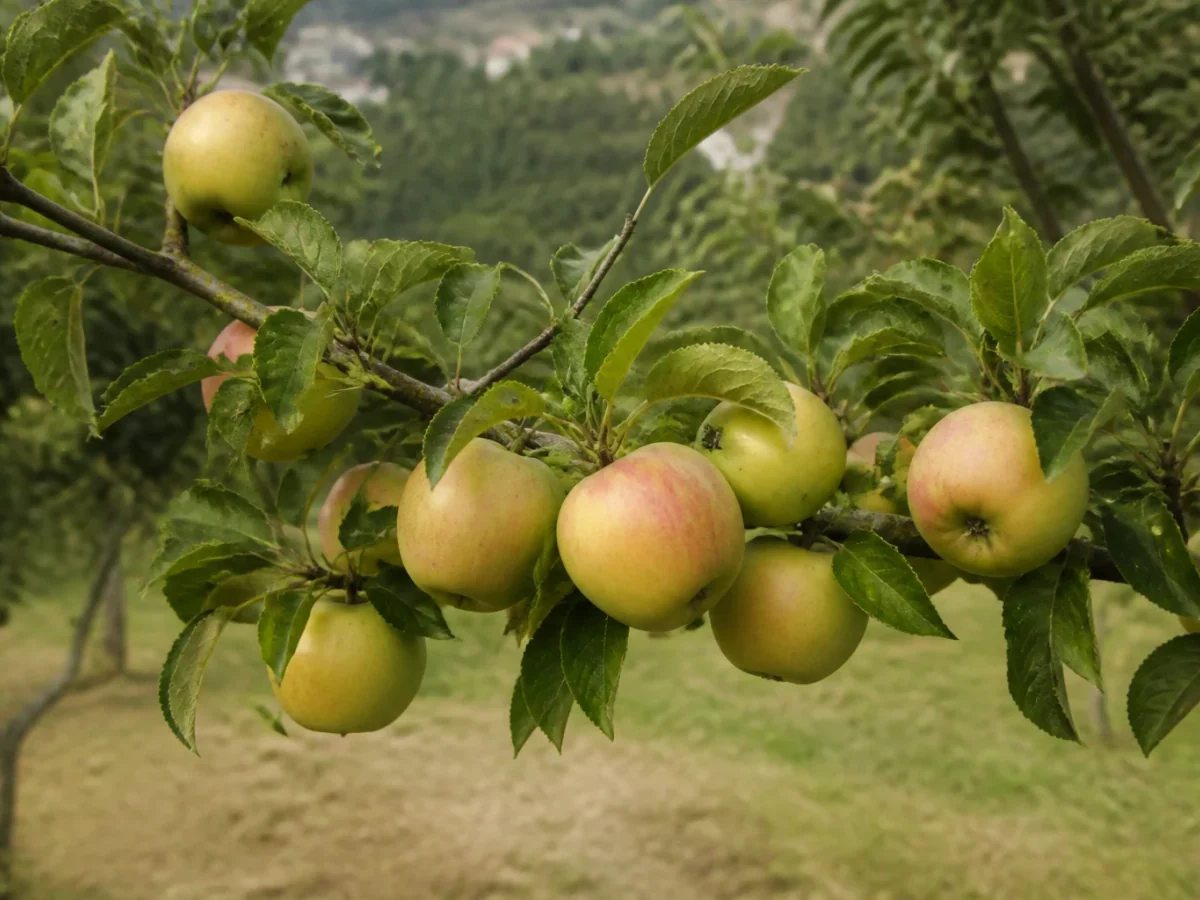 Prancha botânica complementar de Macieira ‘Camoesa de Forles’ (Malus domestica Mill. ‘Camoesa de Forles’) com caracteres de identificação e ciclo de vida
