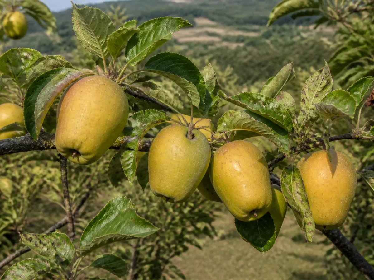 Prancha botânica complementar de Macieira ‘Camoesa de Pera Velha’ (Malus domestica Mill. ‘Camoesa de Pera Velha’) com caracteres de identificação e ciclo de vida