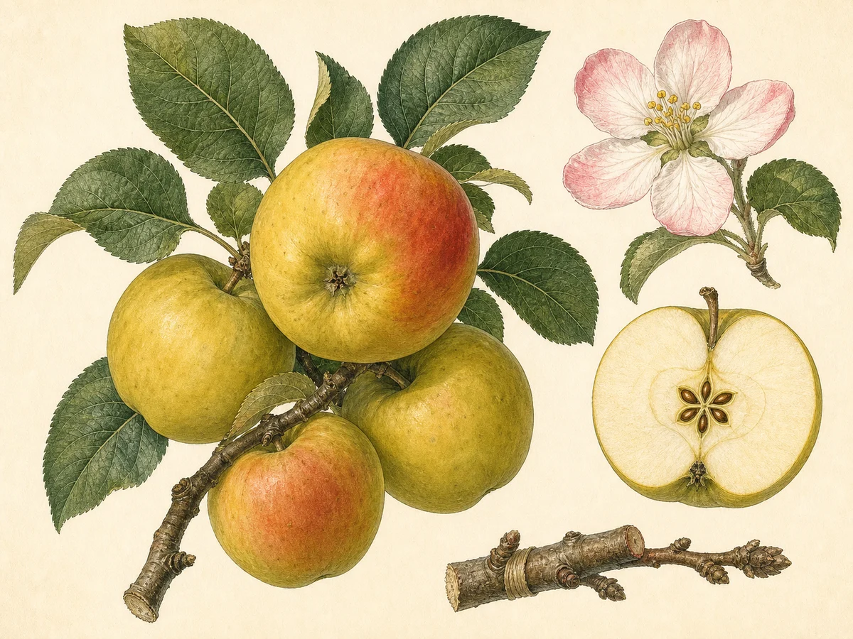 Prancha botânica complementar de Macieira ‘Camoesa de Quina’ (Malus domestica Mill. ‘Camoesa de Quina’) com caracteres de identificação e ciclo de vida