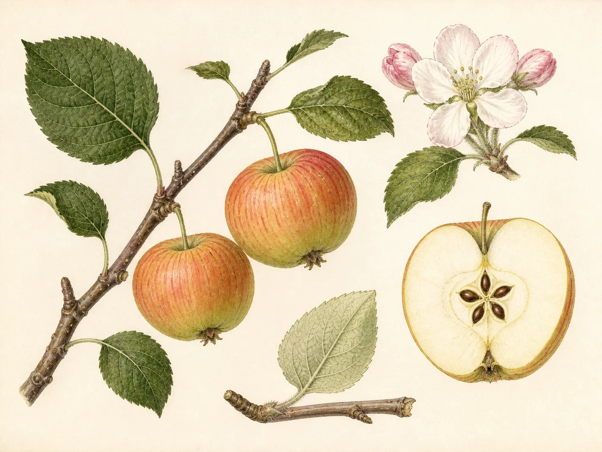 Prancha botânica complementar de Macieira ‘Camoesa Fina’ (Malus domestica Mill. ‘Camoesa Fina’) com caracteres de identificação e ciclo de vida