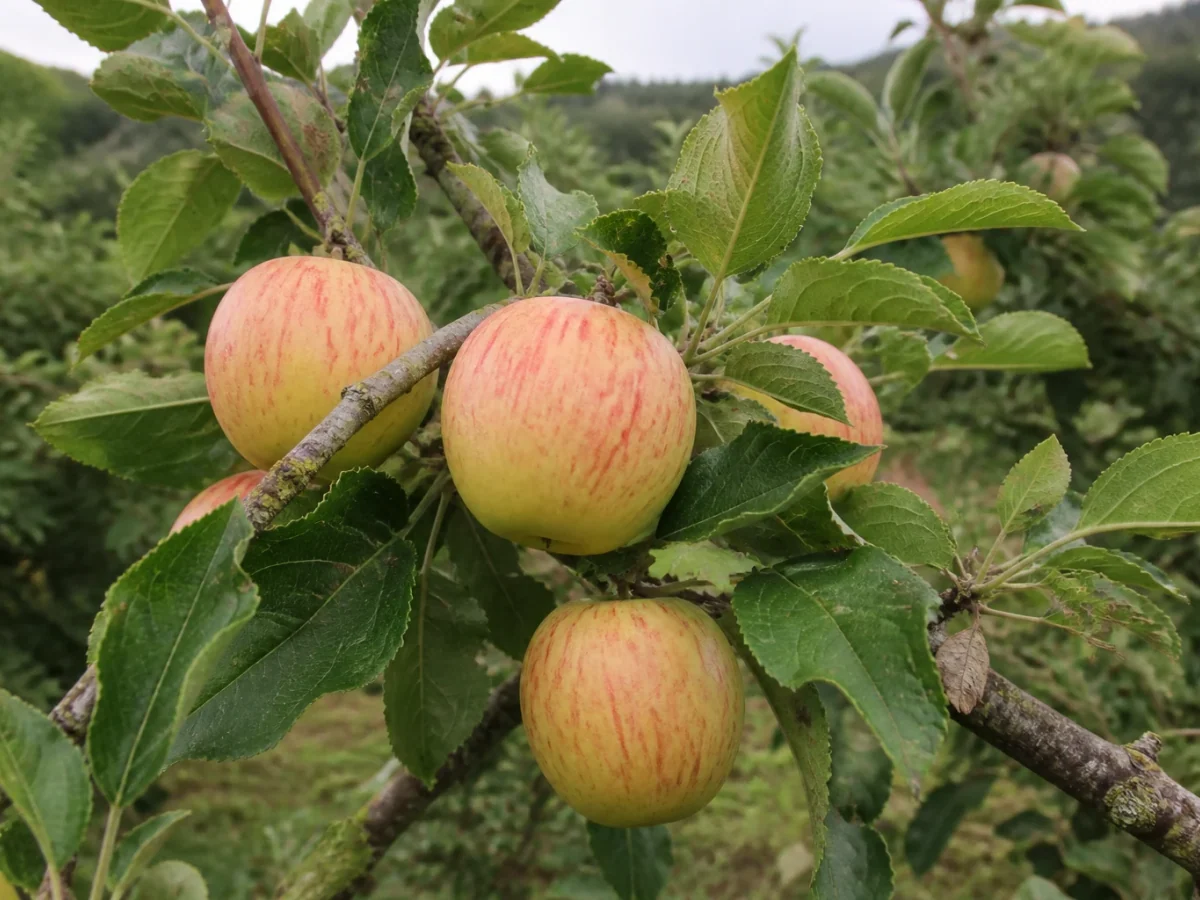 Prancha botânica complementar de Macieira ‘Camoesa Riscada’ (Malus domestica Mill. ‘Camoesa Riscada’) com caracteres de identificação e ciclo de vida