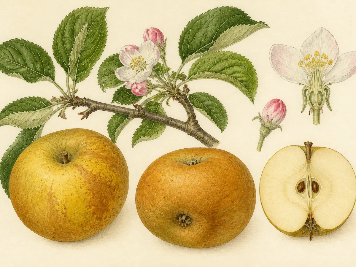 Prancha botânica complementar de Macieira ‘Capela’ (Malus domestica Mill. ‘Capela’) com caracteres de identificação e ciclo de vida