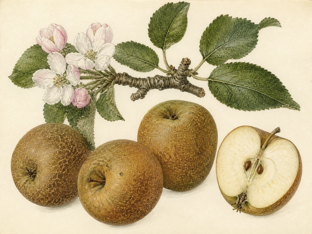 Prancha botânica complementar de Macieira ‘Casca de Carvalho’ (Malus domestica Mill. ‘Casca de Carvalho’) com caracteres de identificação e ciclo de vida