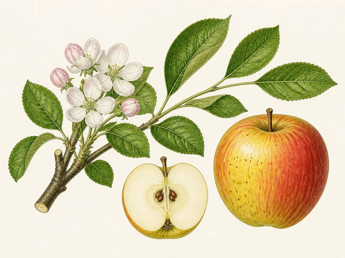 Prancha botânica complementar de Macieira ‘Casca Fina’ (Malus domestica Mill. ‘Casca Fina’) com caracteres de identificação e ciclo de vida