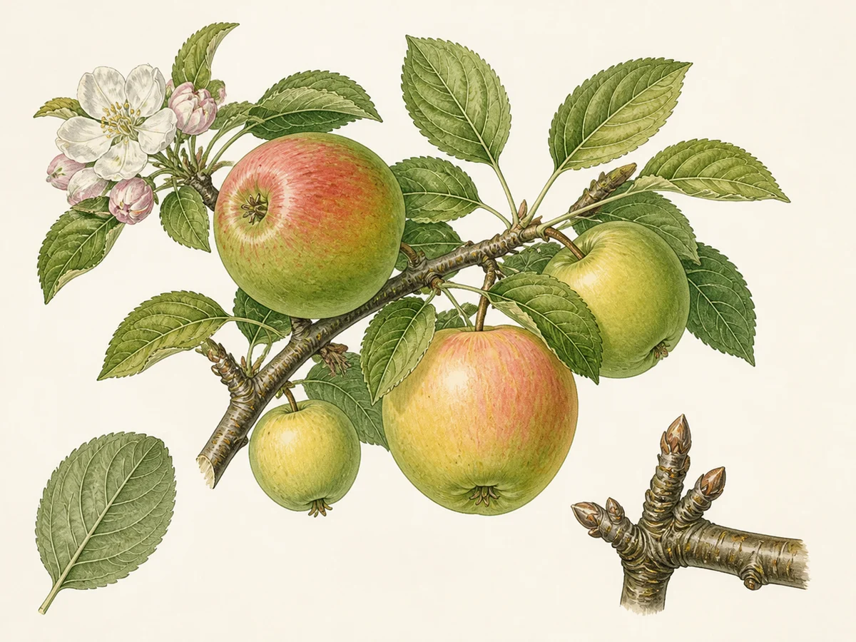 Prancha botânica complementar de Macieira ‘Costa’ (Malus domestica Mill. ‘Costa’) com caracteres de identificação e ciclo de vida