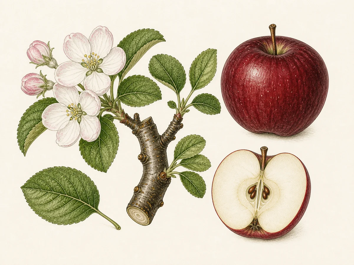 Prancha botânica complementar de Macieira ‘Cravinho’ (Malus domestica Mill. ‘Cravinho’) com caracteres de identificação e ciclo de vida