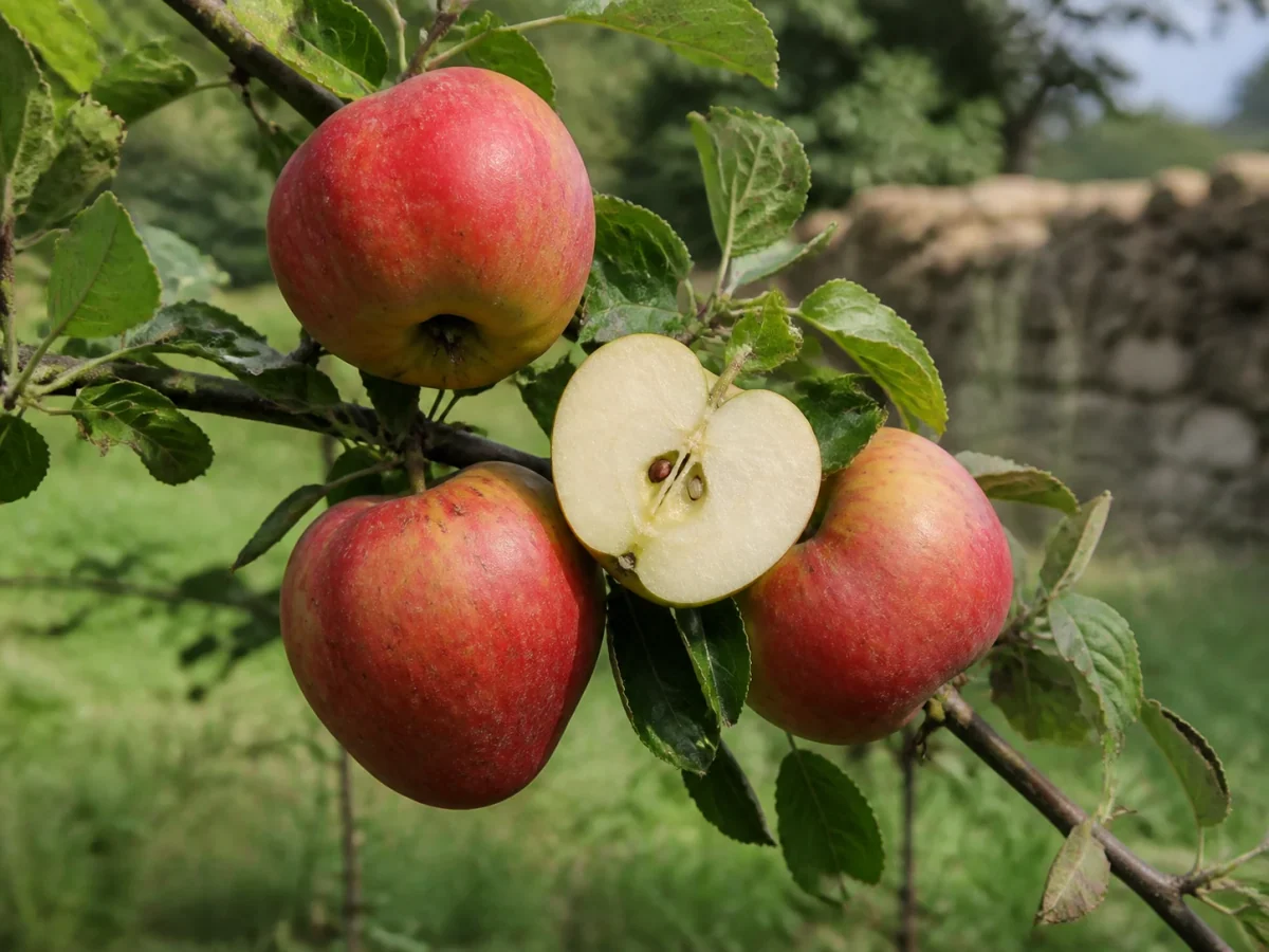 Prancha botânica complementar de Macieira ‘Cú de Burro’ (Malus domestica Mill. ‘Cú de Burro’) com caracteres de identificação e ciclo de vida