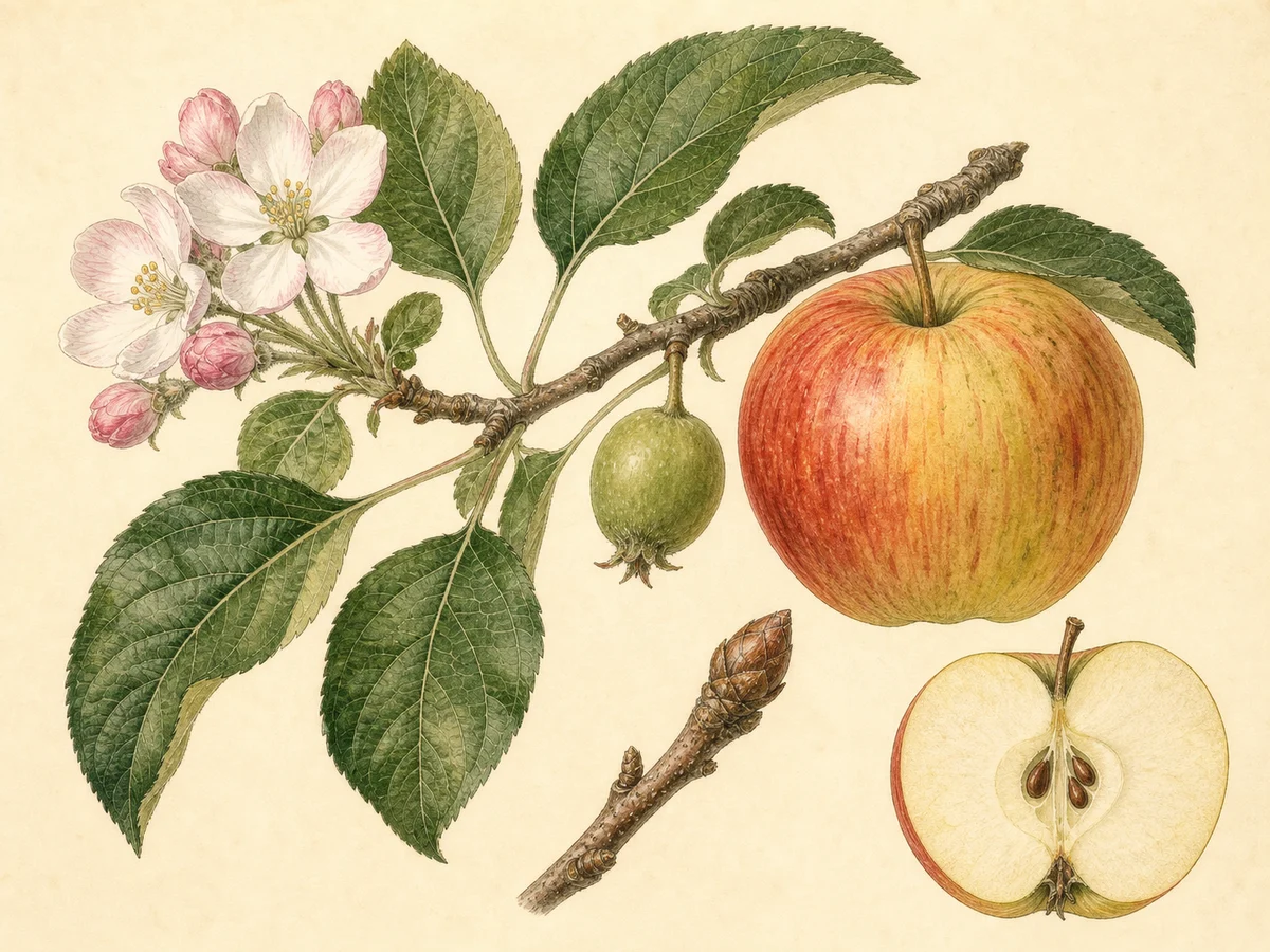 Prancha botânica complementar de Macieira ‘Cunca’ (Malus domestica Mill. ‘Cunca’) com caracteres de identificação e ciclo de vida
