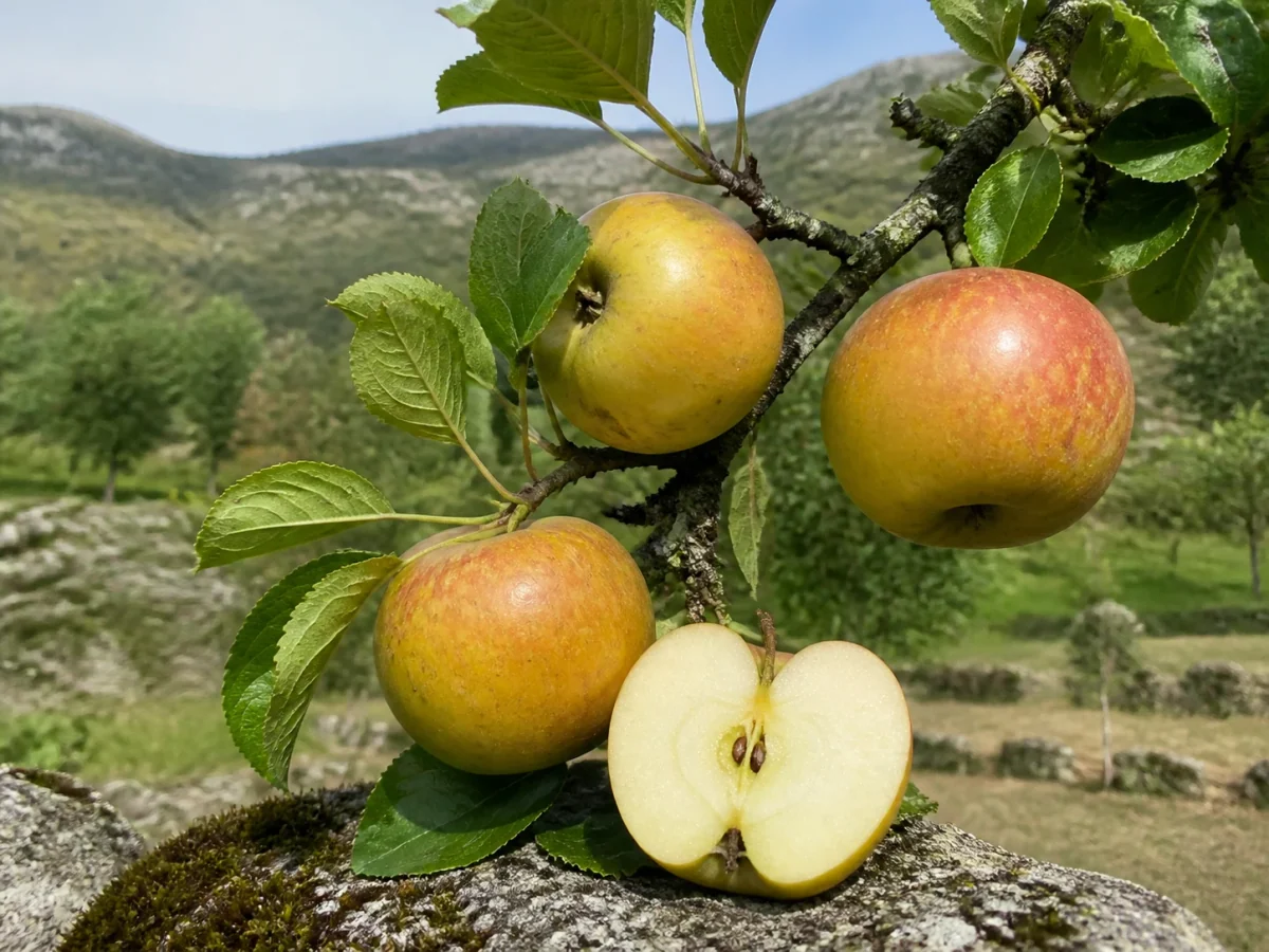 Prancha botânica complementar de Macieira ‘Da Serra’ (Malus domestica Mill. ‘Da Serra’) com caracteres de identificação e ciclo de vida