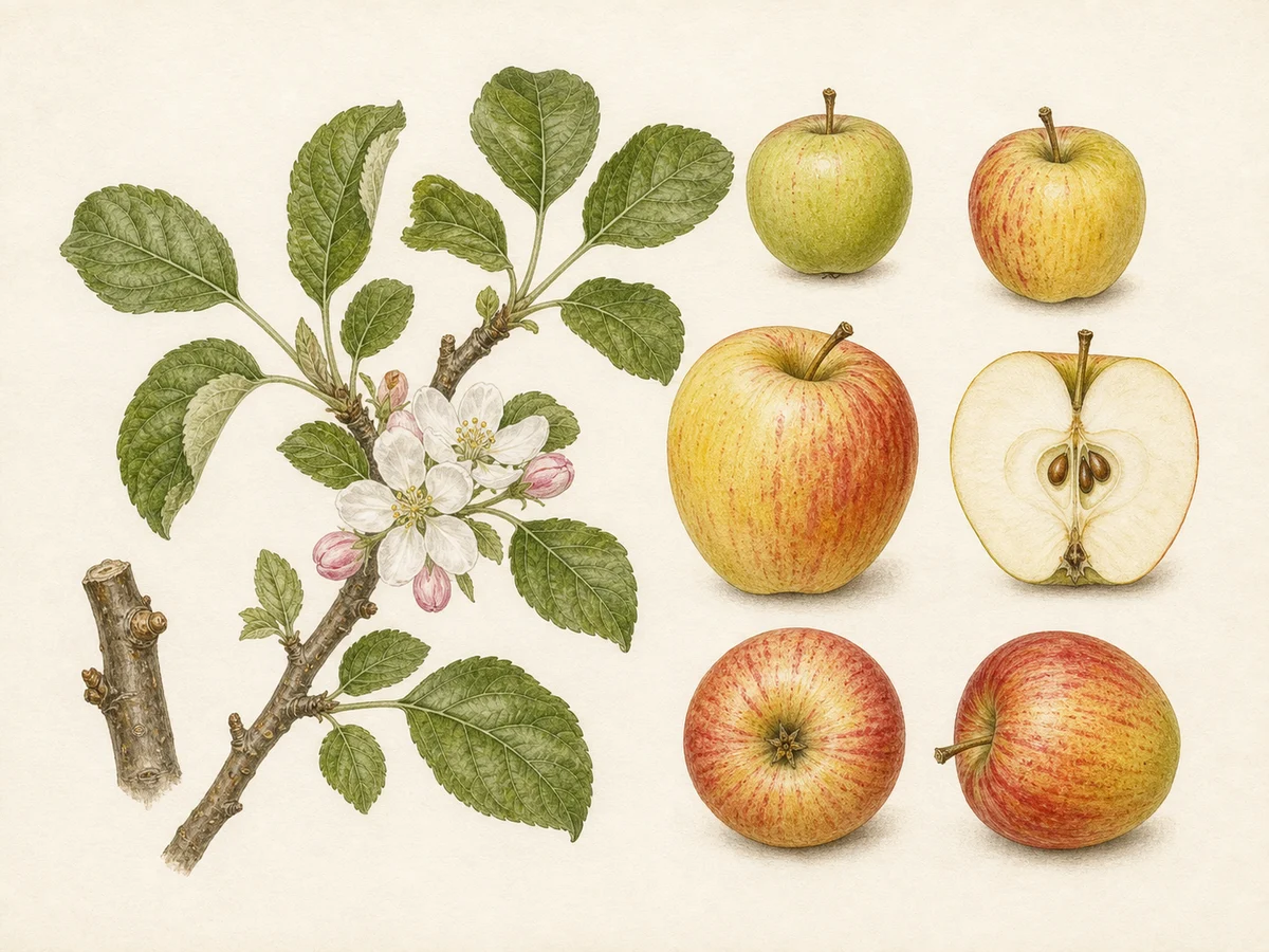 Prancha botânica complementar de Macieira ‘Das Velhas’ (Malus domestica Mill. ‘Das Velhas’) com caracteres de identificação e ciclo de vida