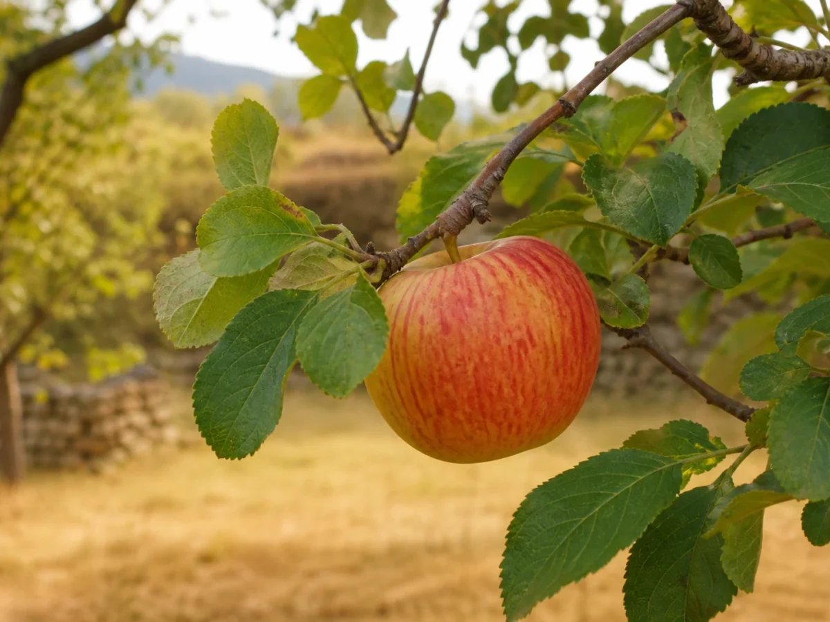 Prancha botânica complementar de Macieira ‘De Matados’ (Malus domestica Mill. ‘De Matados’) com caracteres de identificação e ciclo de vida