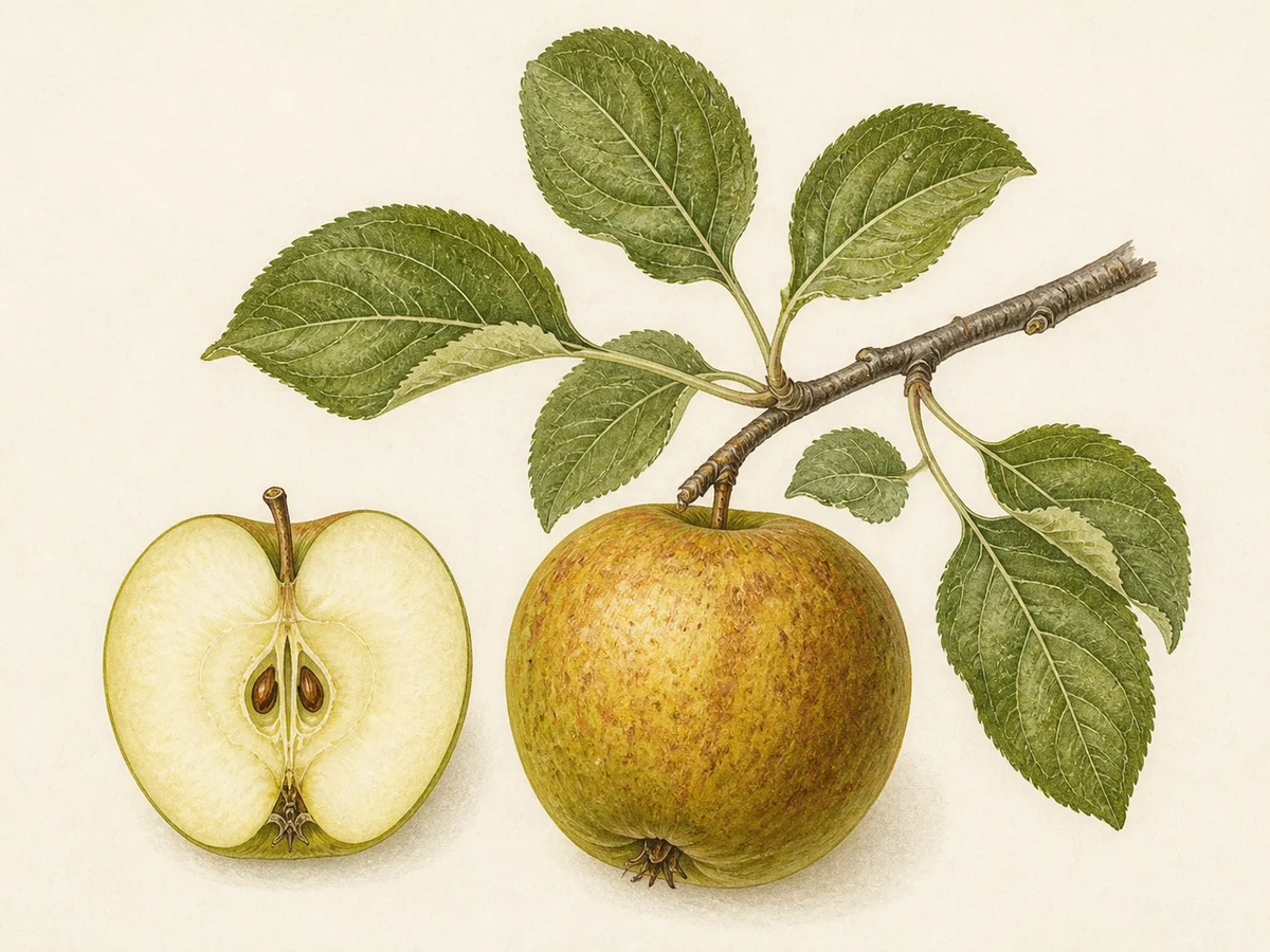 Prancha botânica complementar de Macieira ‘De Quina’ (Malus domestica Mill. ‘De Quina’) com caracteres de identificação e ciclo de vida