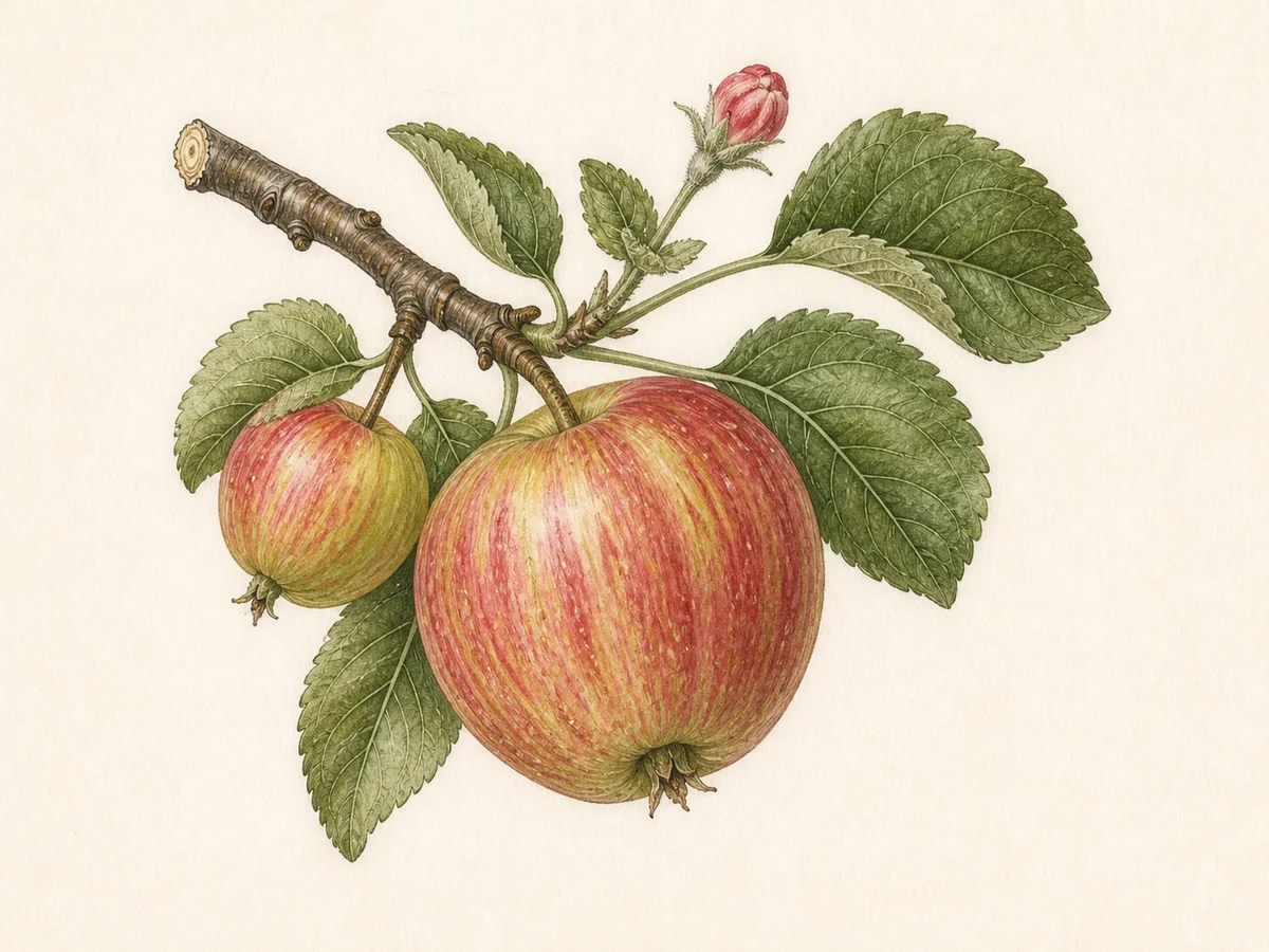 Prancha botânica complementar de Macieira ‘De Seia’ (Malus domestica Mill. ‘De Seia’) com caracteres de identificação e ciclo de vida