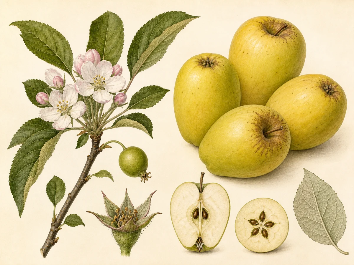 Prancha botânica complementar de Macieira ‘Do Limoeiro’ (Malus domestica Mill. ‘Do Limoeiro’) com caracteres de identificação e ciclo de vida