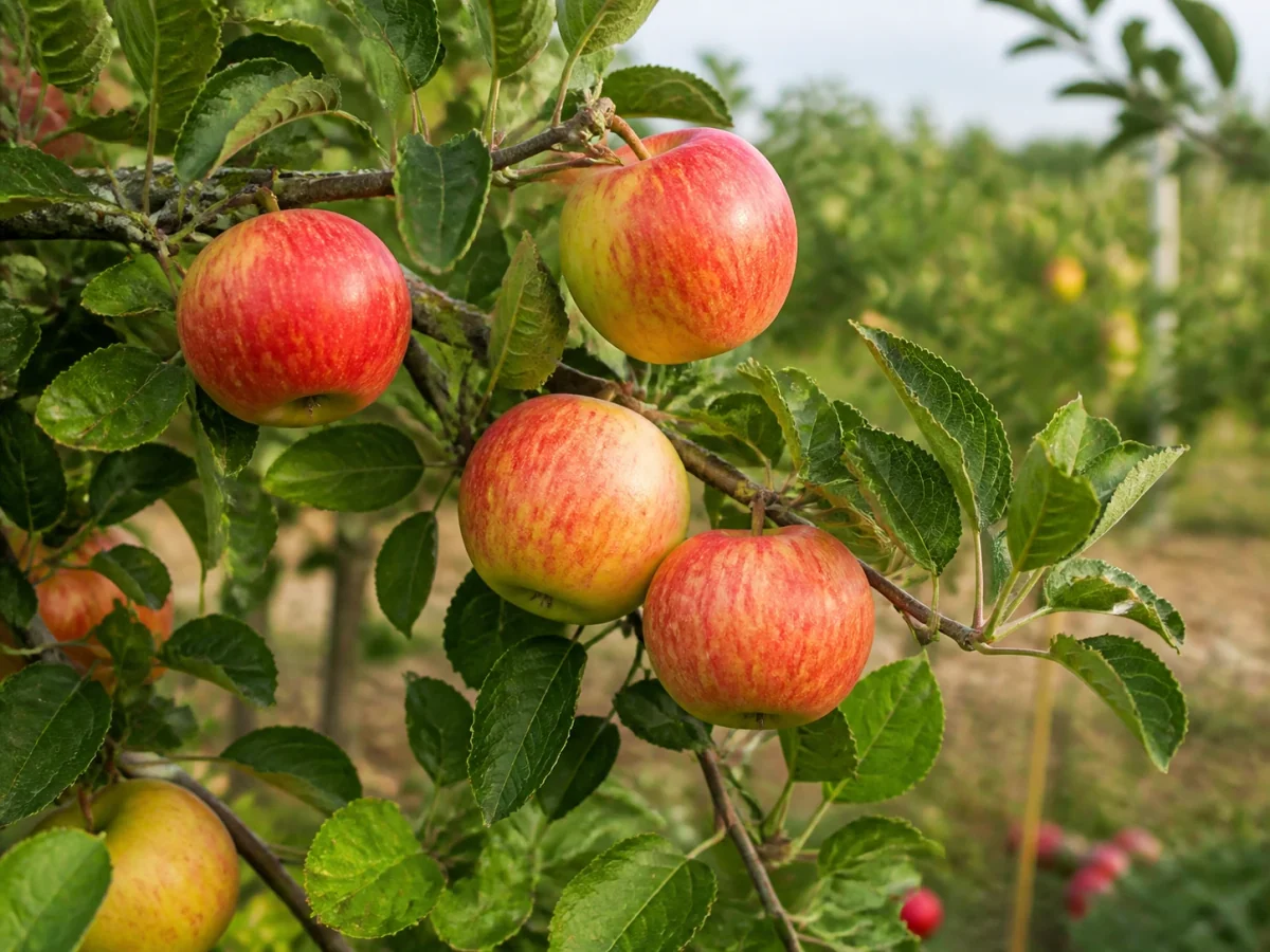 Prancha botânica complementar de Macieira ‘Doce’ (Malus domestica Mill. ‘Doce’) com caracteres de identificação e ciclo de vida