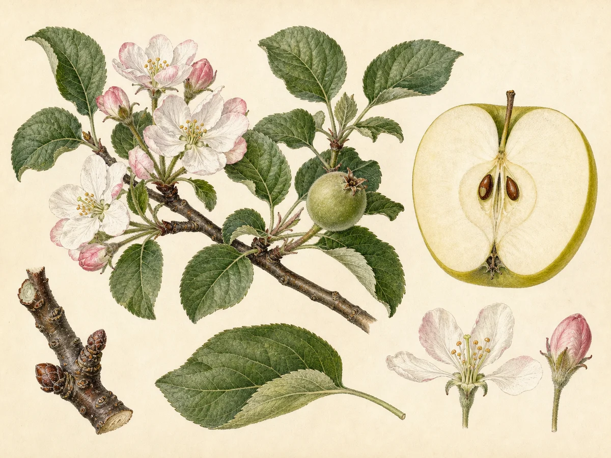 Prancha botânica complementar de Macieira ‘Docinha’ (Malus domestica Mill. ‘Docinha’) com caracteres de identificação e ciclo de vida