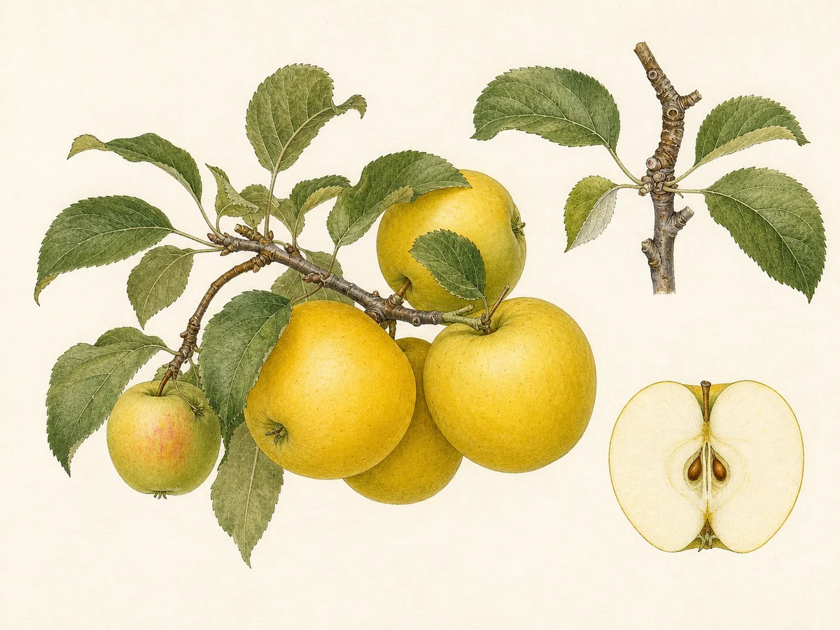 Prancha botânica complementar de Macieira ‘Durázio’ (Malus domestica Mill. ‘Durázio’) com caracteres de identificação e ciclo de vida