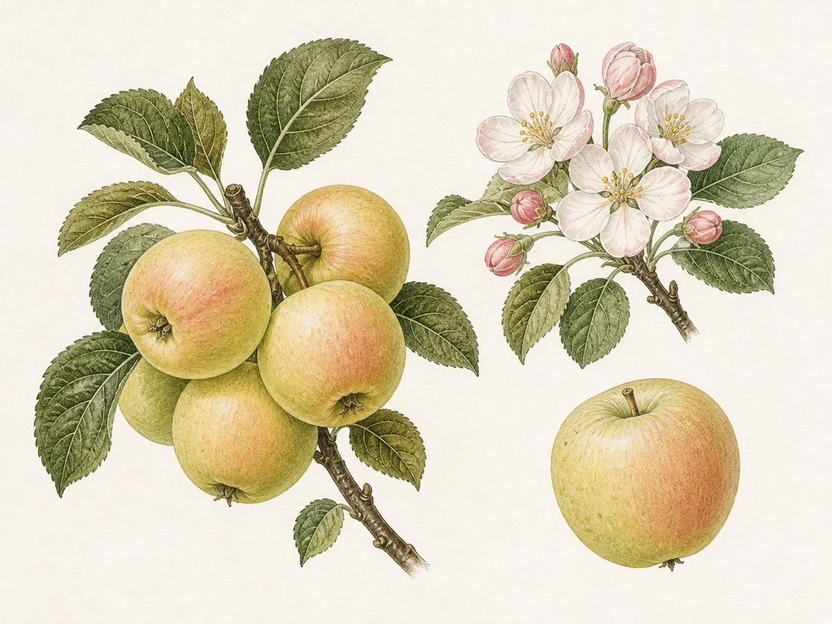 Prancha botânica complementar de Macieira ‘Espelho’ (Malus domestica Mill. ‘Espelho’) com caracteres de identificação e ciclo de vida