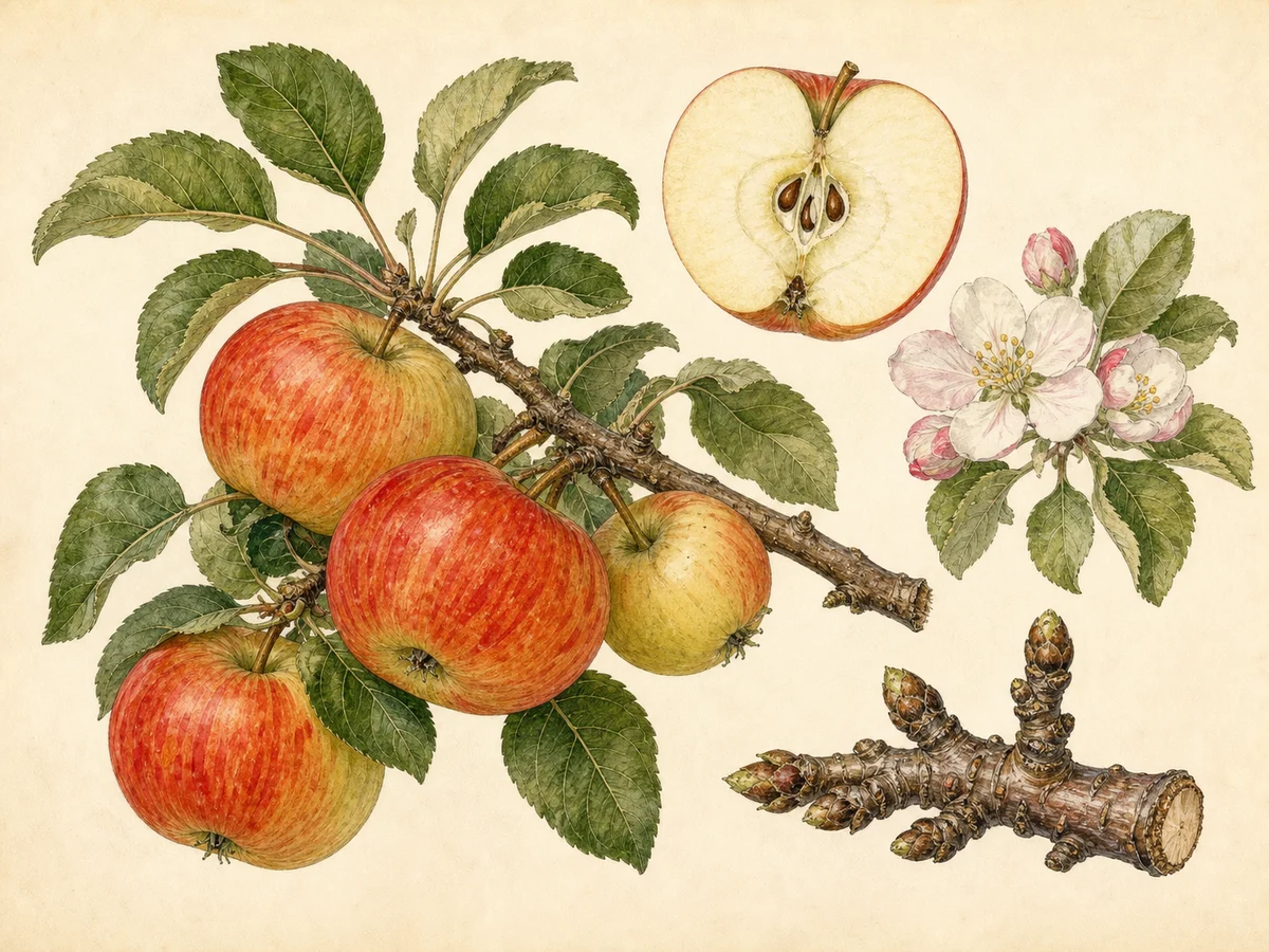 Prancha botânica complementar de Macieira ‘Espriega’ (Malus domestica Mill. ‘Espriega’) com caracteres de identificação e ciclo de vida