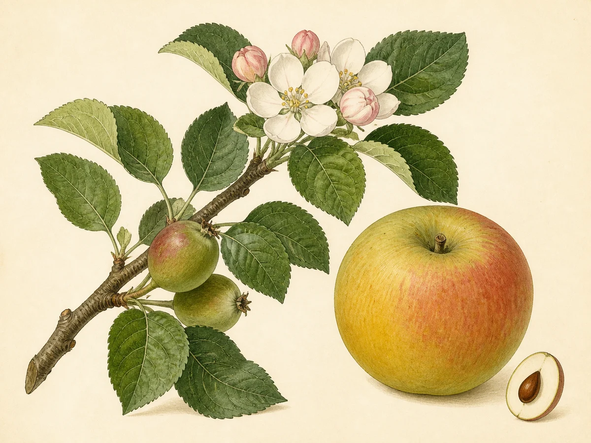 Prancha botânica complementar de Macieira ‘Falso Bravo’ (Malus domestica Mill. ‘Falso Bravo’) com caracteres de identificação e ciclo de vida
