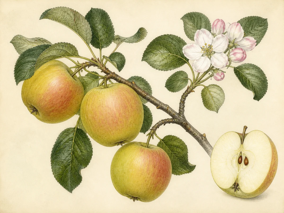 Prancha botânica complementar de Macieira ‘Figueira’ (Malus domestica Mill. ‘Figueira’) com caracteres de identificação e ciclo de vida