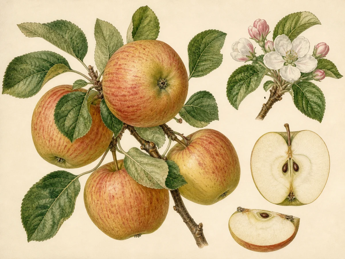 Prancha botânica complementar de Macieira ‘Lapa’ (Malus domestica Mill. ‘Lapa’) com caracteres de identificação e ciclo de vida