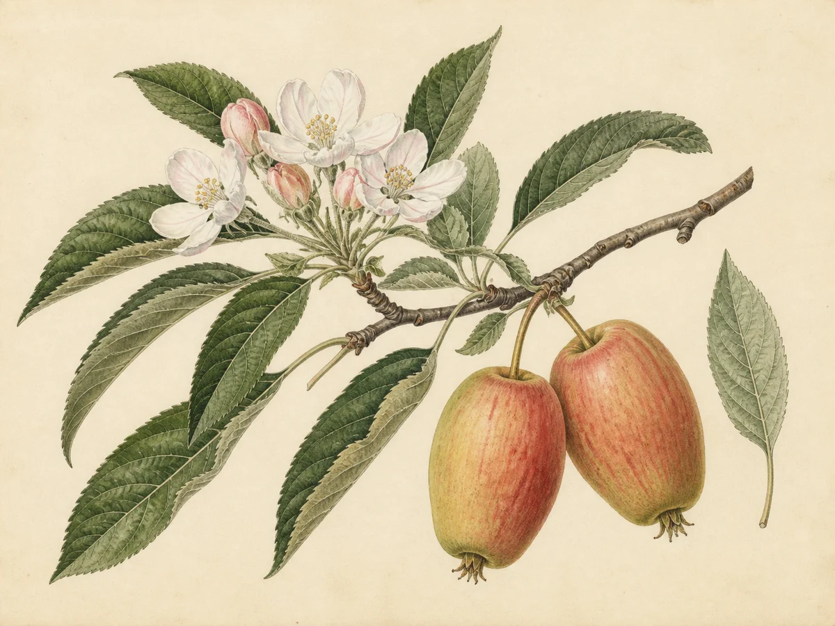 Prancha botânica complementar de Macieira ‘Leira Estreita Direita’ (Malus domestica Mill. ‘Leira Estreita Direita’) com caracteres de identificação e ciclo de vida