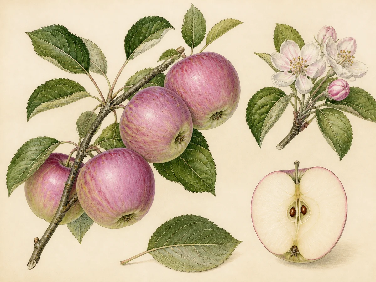 Prancha botânica complementar de Macieira ‘Lila’ (Malus domestica Mill. ‘Lila’) com caracteres de identificação e ciclo de vida