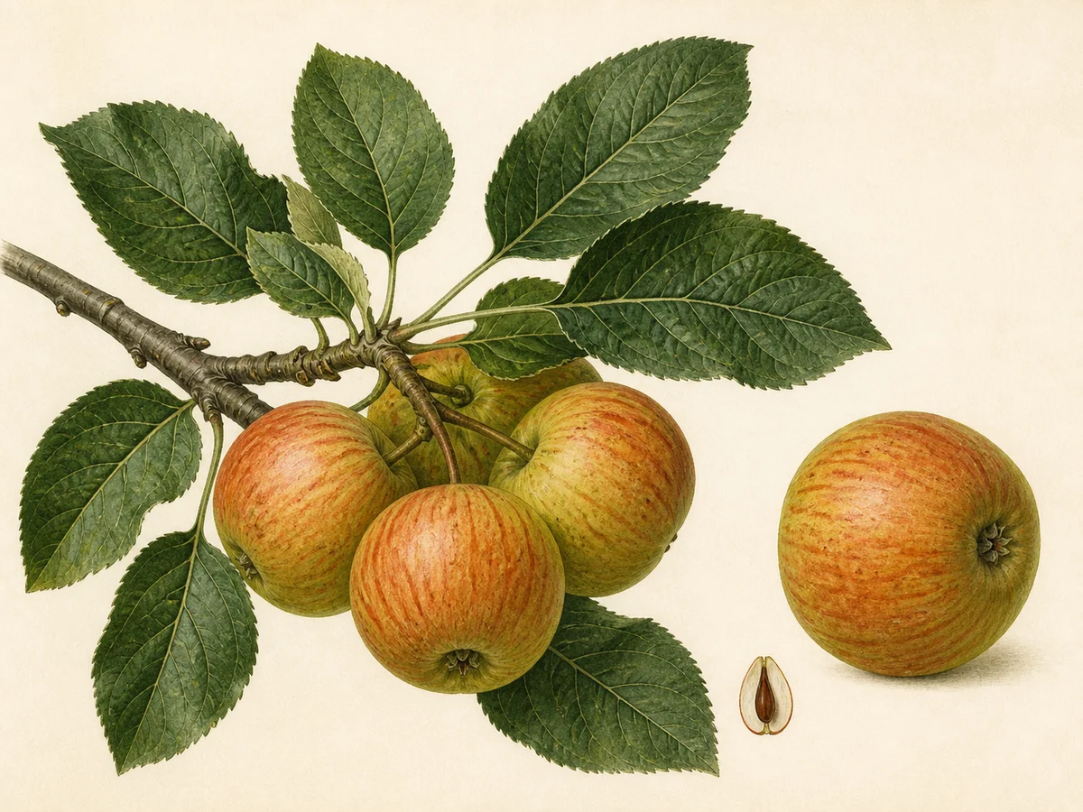 Prancha botânica complementar de Macieira ‘Malápio 1 PF’ (Malus domestica Mill. ‘Malápio 1 PF’) com caracteres de identificação e ciclo de vida