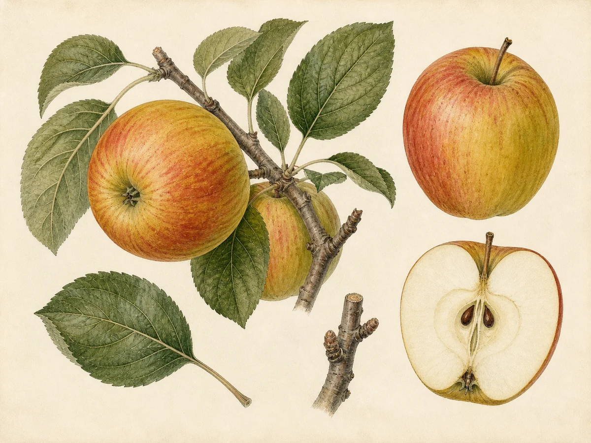 Prancha botânica complementar de Macieira ‘Malápio da Ponte’ (Malus domestica Mill. ‘Malápio da Ponte’) com caracteres de identificação e ciclo de vida
