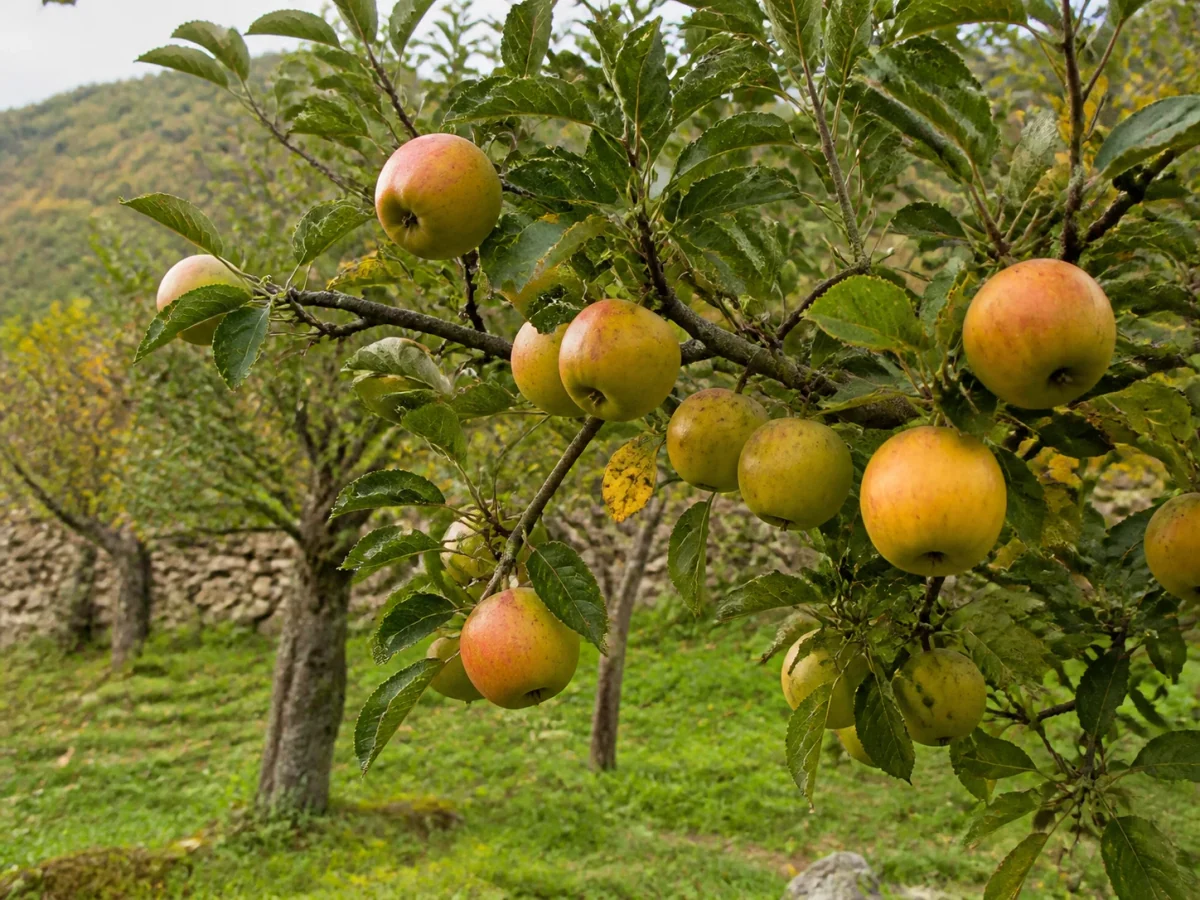 Prancha botânica complementar de Macieira ‘Malápio da Serra’ (Malus domestica Mill. ‘Malápio da Serra’) com caracteres de identificação e ciclo de vida