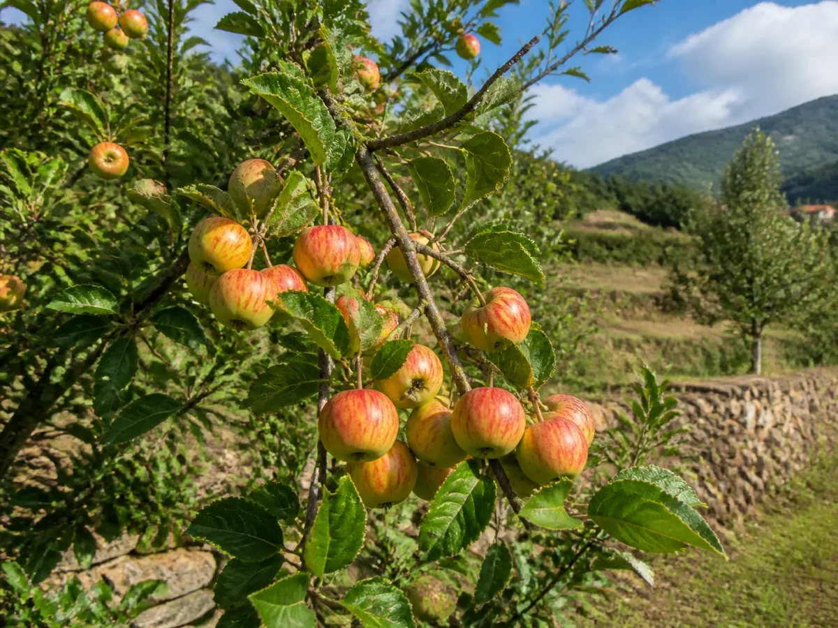 Prancha botânica complementar de Macieira ‘Malápio Pequeno’ (Malus domestica Mill. ‘Malápio Pequeno’) com caracteres de identificação e ciclo de vida