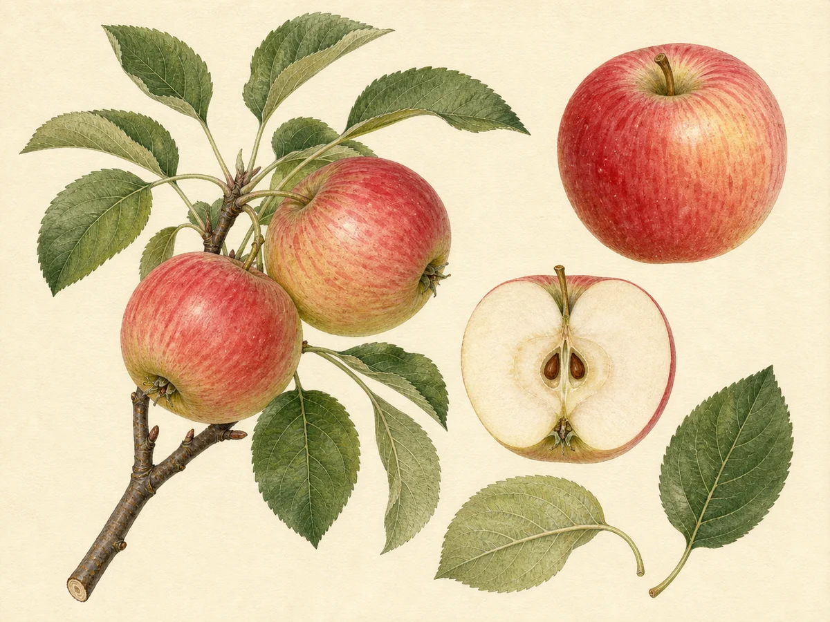Prancha botânica complementar de Macieira ‘Maria Rosa’ (Malus domestica Mill. ‘Maria Rosa’) com caracteres de identificação e ciclo de vida