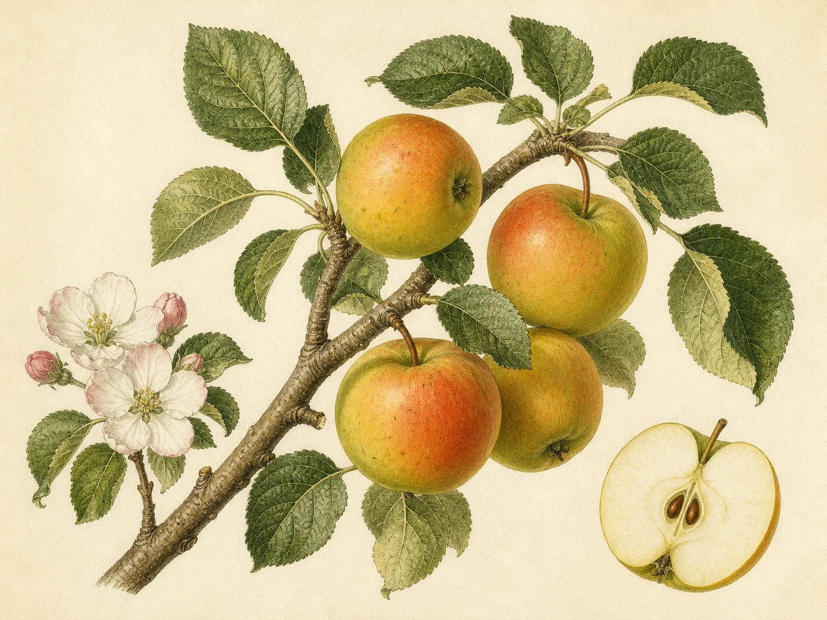 Prancha botânica complementar de Macieira ‘Moleirinha’ (Malus domestica Mill. ‘Moleirinha’) com caracteres de identificação e ciclo de vida