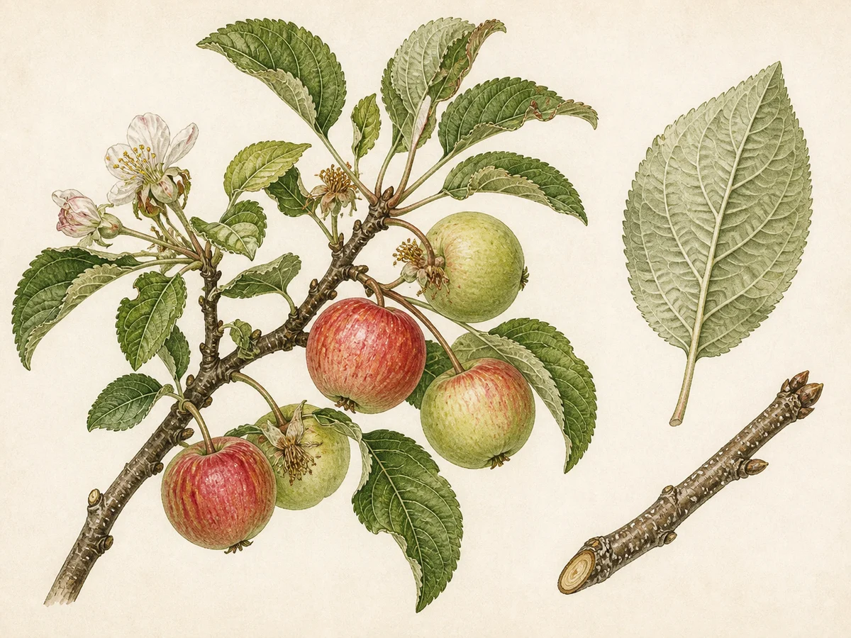 Prancha botânica complementar de Macieira ‘Padre Inacio 1’ (Malus domestica Mill. ‘Padre Inacio 1’) com caracteres de identificação e ciclo de vida