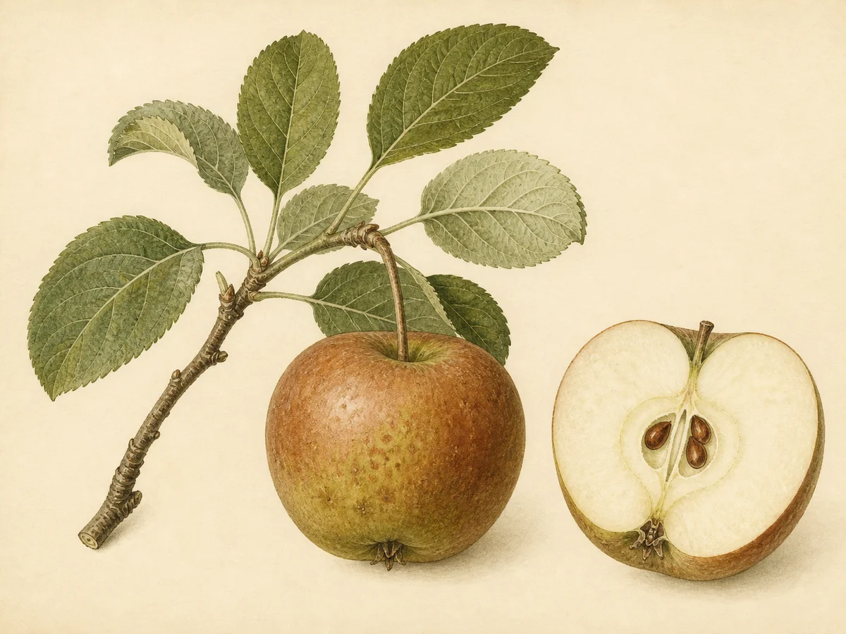 Prancha botânica complementar de Macieira ‘Pardo Lindo Ácido’ (Malus domestica Mill. ‘Pardo Lindo Ácido’) com caracteres de identificação e ciclo de vida