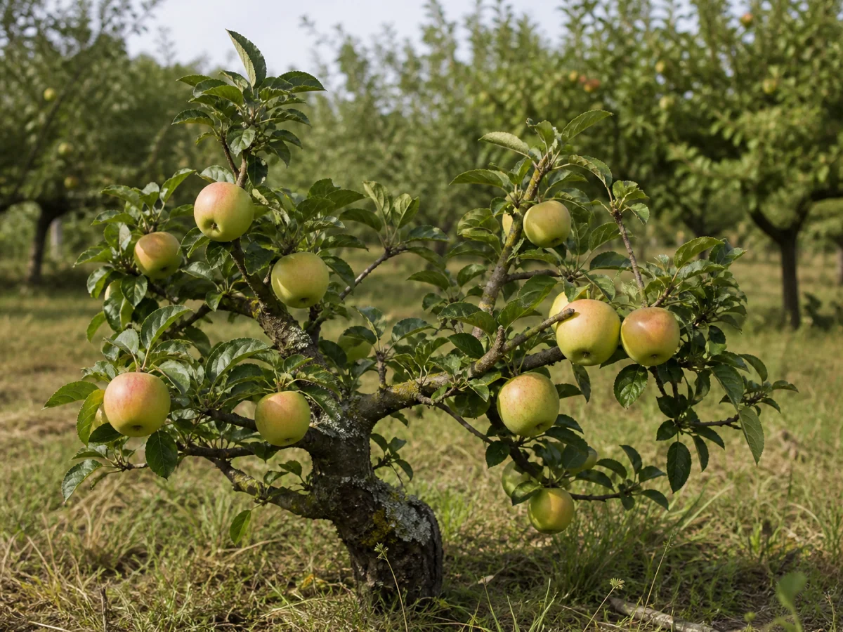 Prancha botânica complementar de Macieira ‘Pé Curto’ (Malus domestica Mill. ‘Pé Curto’) com caracteres de identificação e ciclo de vida