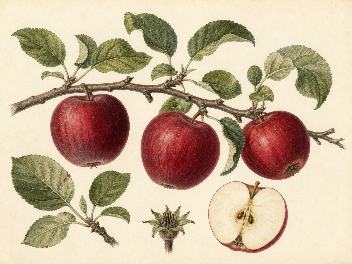 Prancha botânica complementar de Macieira ‘Pedra’ (Malus domestica Mill. ‘Pedra’) com caracteres de identificação e ciclo de vida