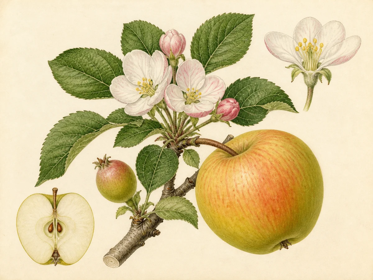 Prancha botânica complementar de Macieira ‘Peixoto’ (Malus domestica Mill. ‘Peixoto’) com caracteres de identificação e ciclo de vida