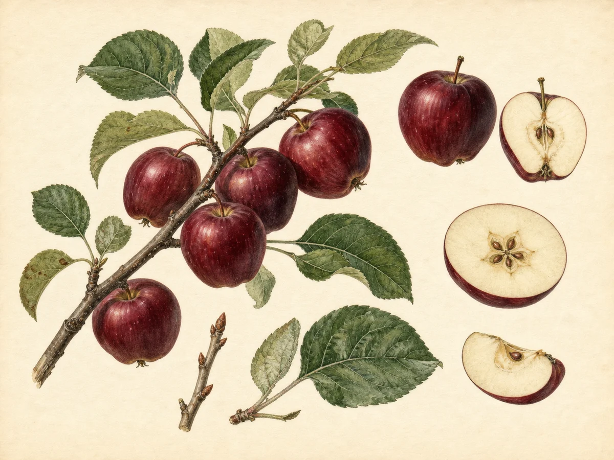 Prancha botânica complementar de Macieira ‘Pêro Bico de Melro’ (Malus domestica Mill. ‘Pêro Bico de Melro’) com caracteres de identificação e ciclo de vida